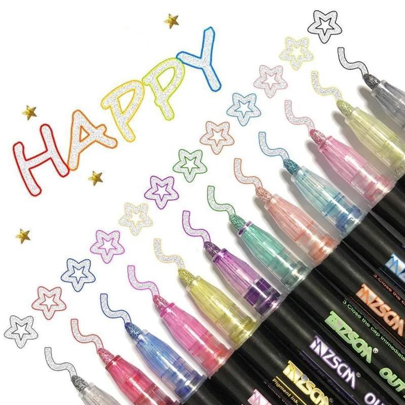 Outline Marker Pens – 8 or 12 Colours, Metallic Double Line