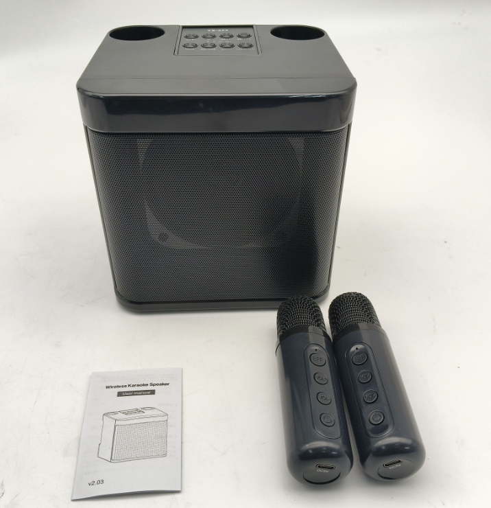 Bluetooth karaoke speaker with two wireless microphones and instruction booklet