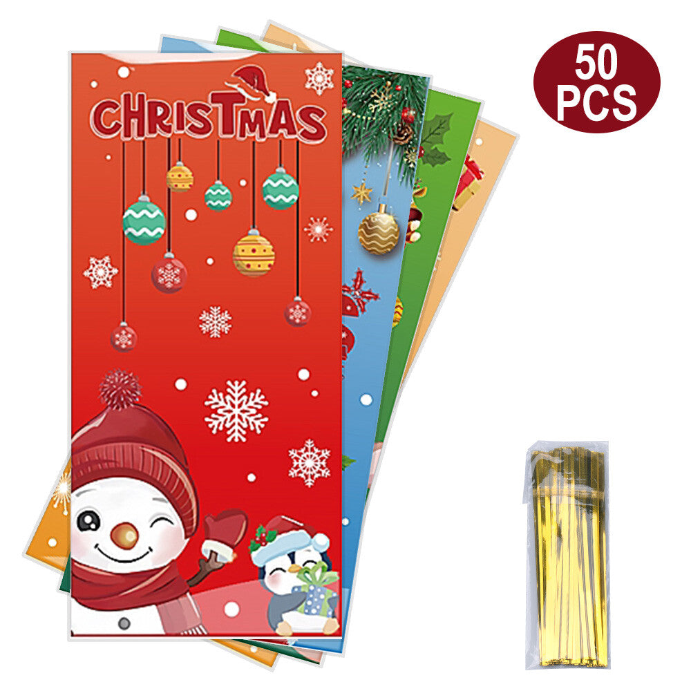 Christmas gift bags 50 pack in red, blue, green and yellow with gold twist ties