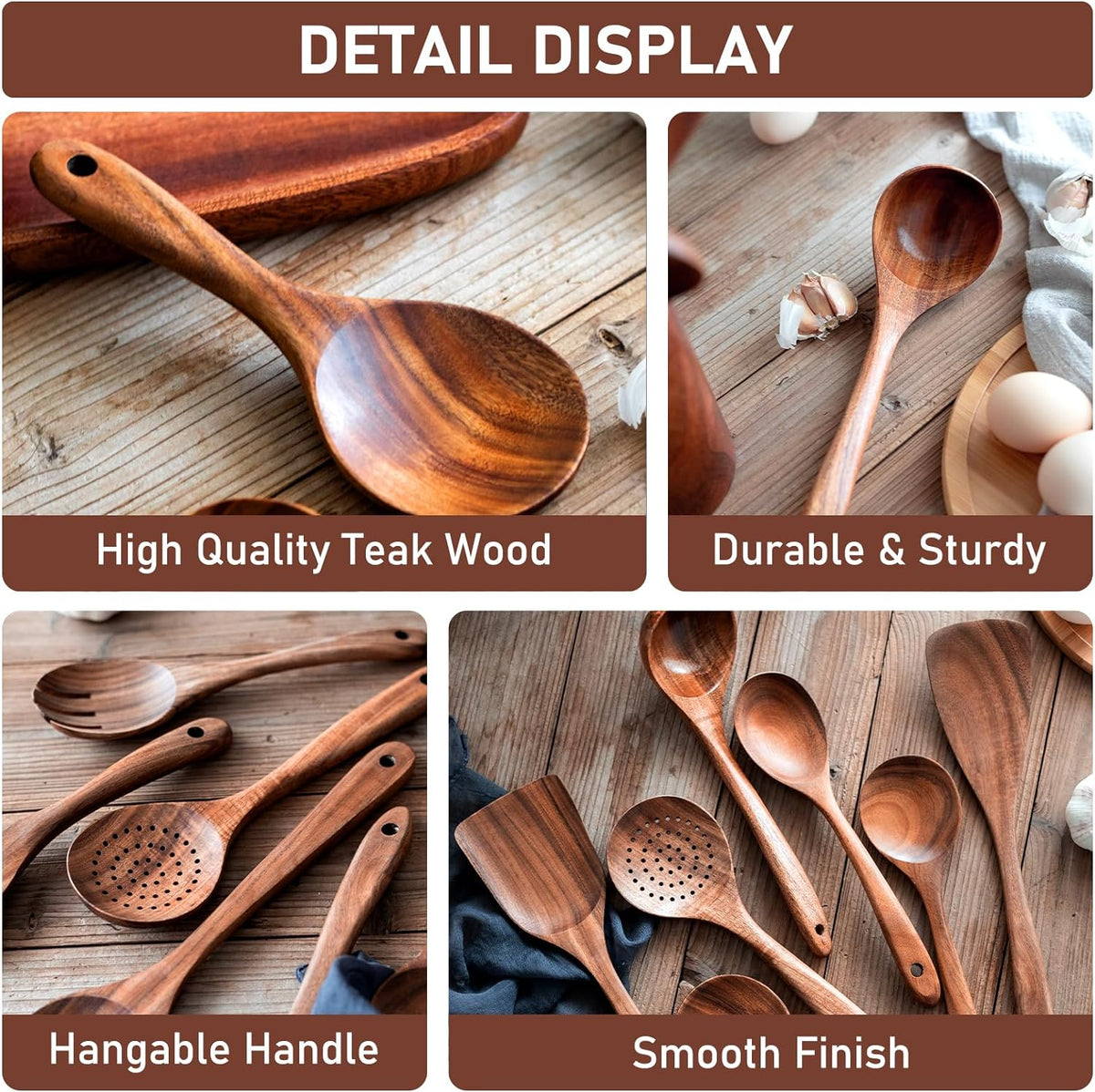 Natural Wooden Cooking Utensil Set – 7 Pieces with Hanging Holes
