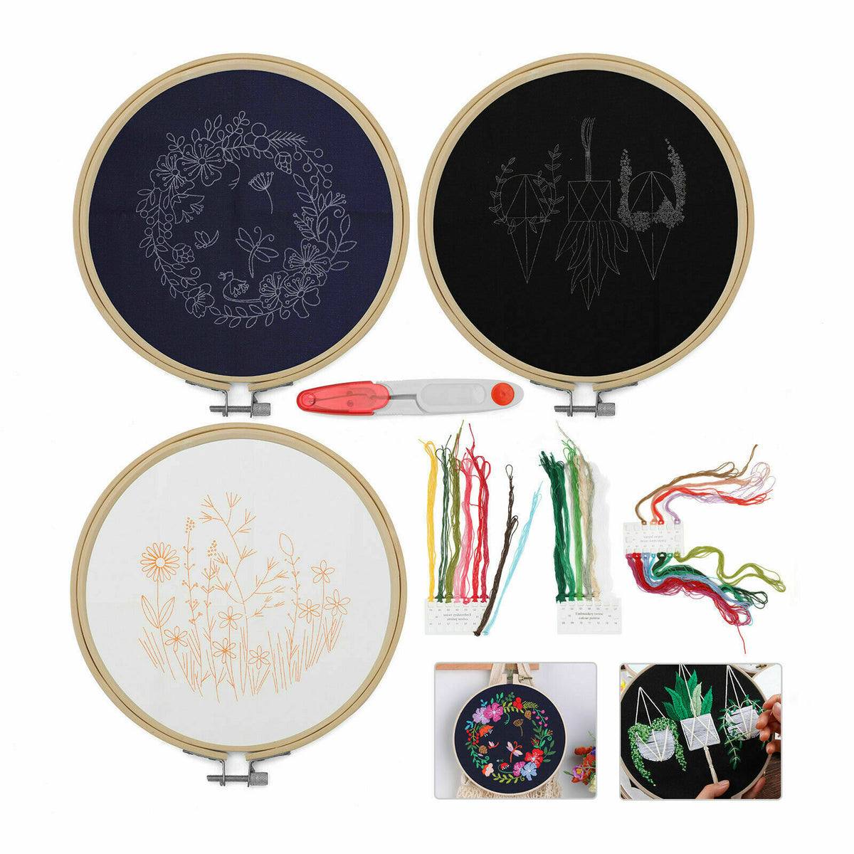 Beginner floral embroidery kit with three pre-printed patterns in hoops, threads and snips