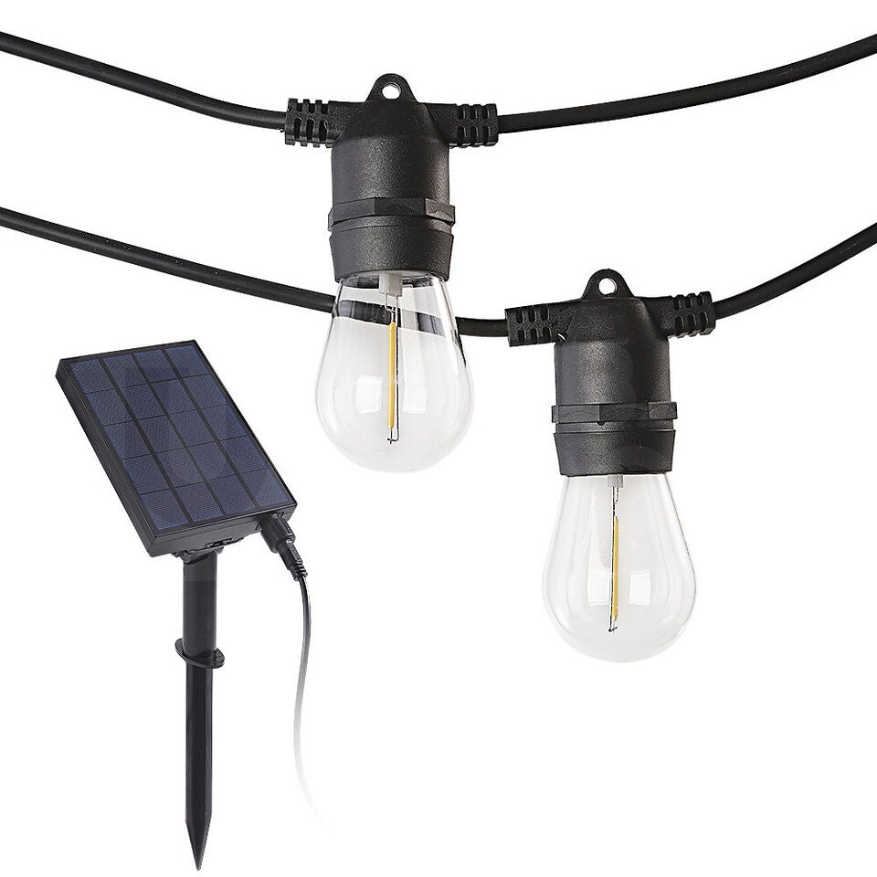 Backyard Christmas party bundle: solar festoon lights with warm white bulbs and solar panel