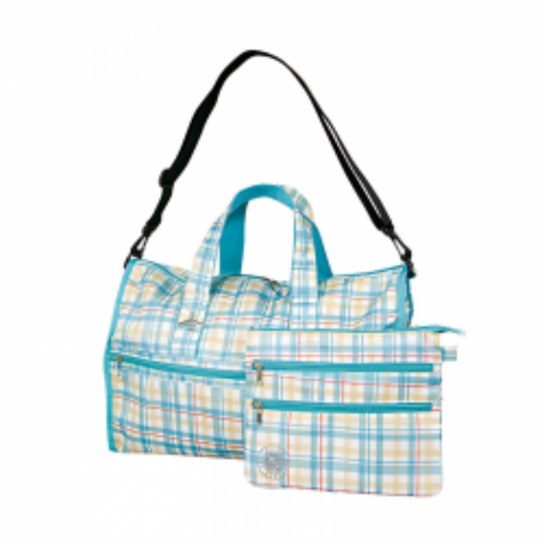 Foldable weekender bag and pouch set – Blue Check