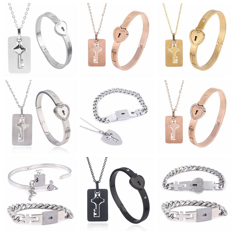 Couples Lock & Key Necklace and Bracelet Set – Titanium Steel