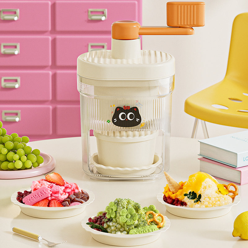 Manual shaved ice and snow cone maker with orange crank handle and bowls of shaved ice desserts