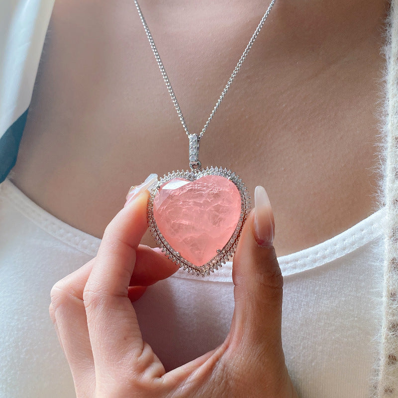 Pink Heart Pendant Sweater Chain Necklace
