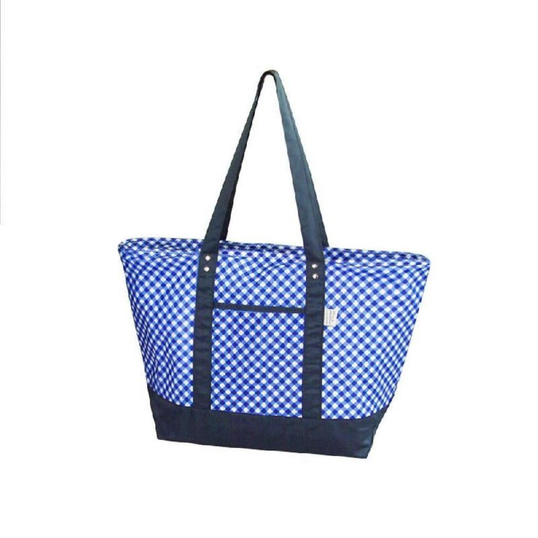 Large insulated cooler tote bag in Blue Check print with navy handles