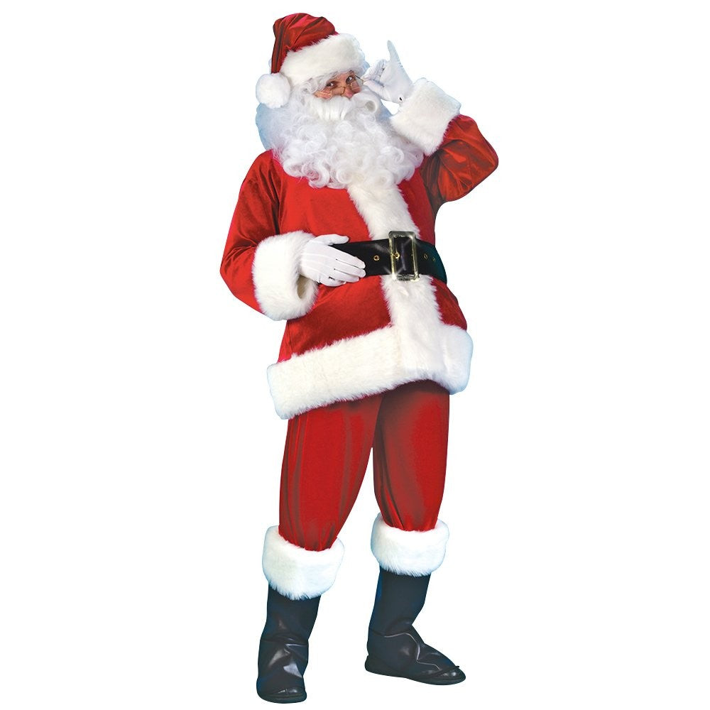Adult Santa suit full-length view showing jacket, pants, belt and boot covers