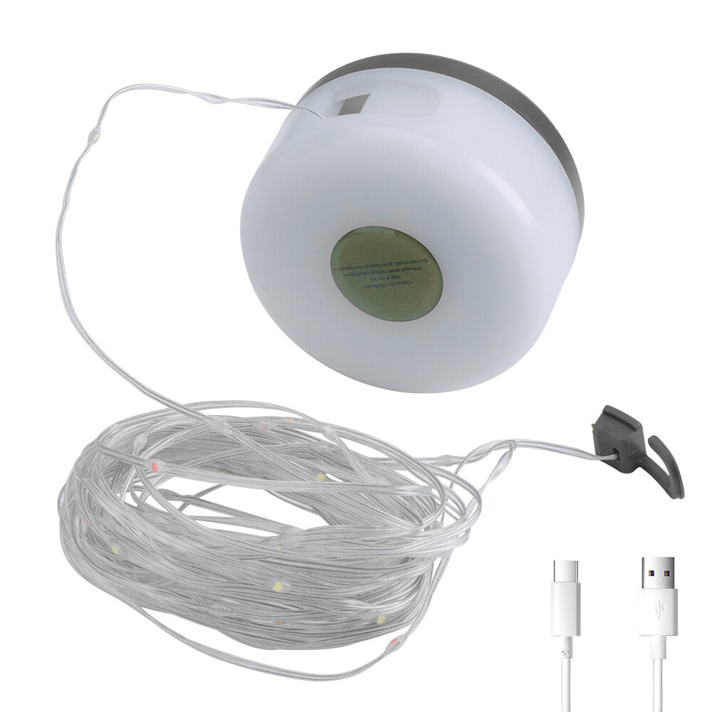 2-in-1 camping lantern with 8m retractable string lights and USB charging cable