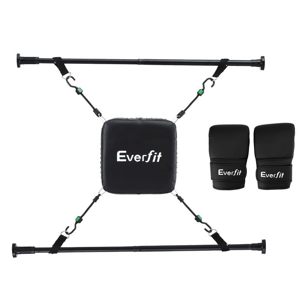 Doorway-mounted punching pad with black boxing gloves