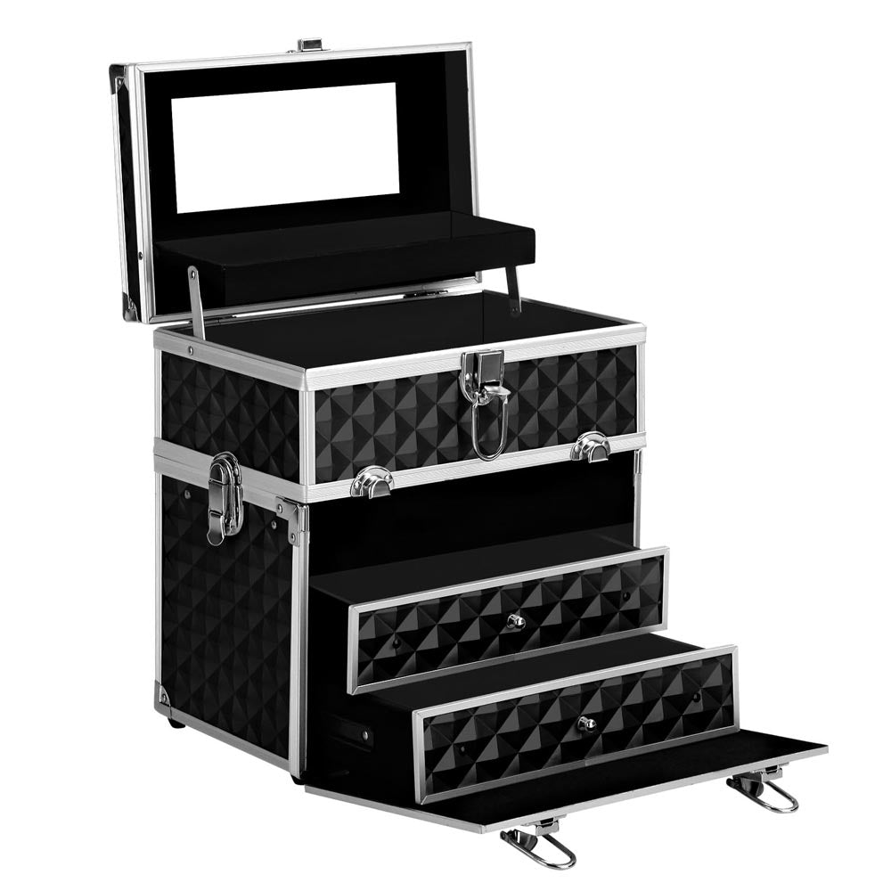 Black diamond makeup train case with trays extended