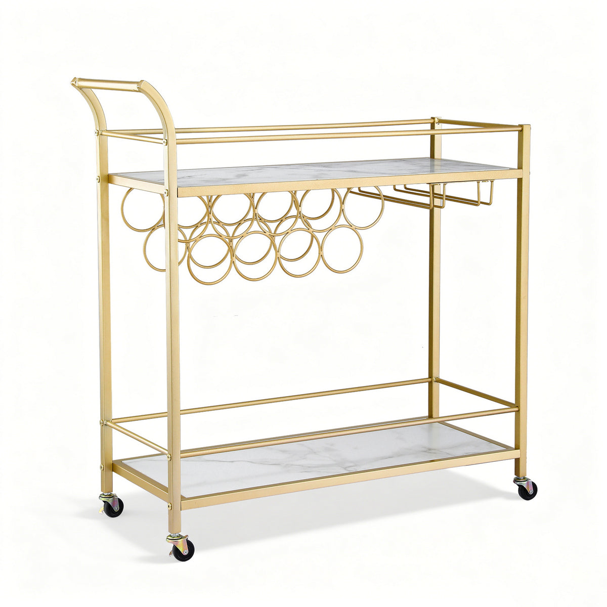 Gold metal bar cart with marble-look shelves, wine rack and glass holders