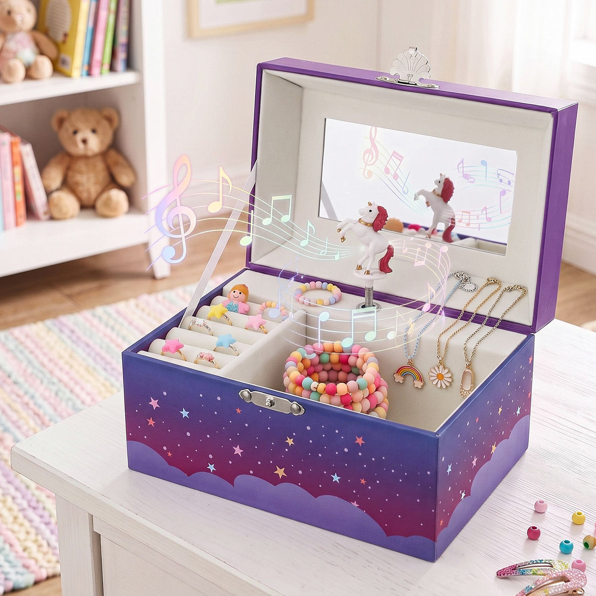 Kids pink musical jewellery box with twirling figure – Unicorn Purple