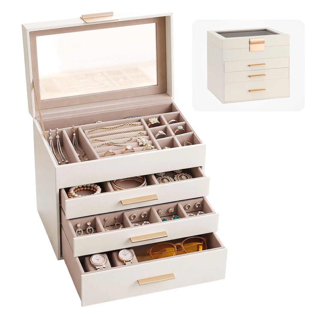 White 4-tier jewellery box with clear lid and open drawers