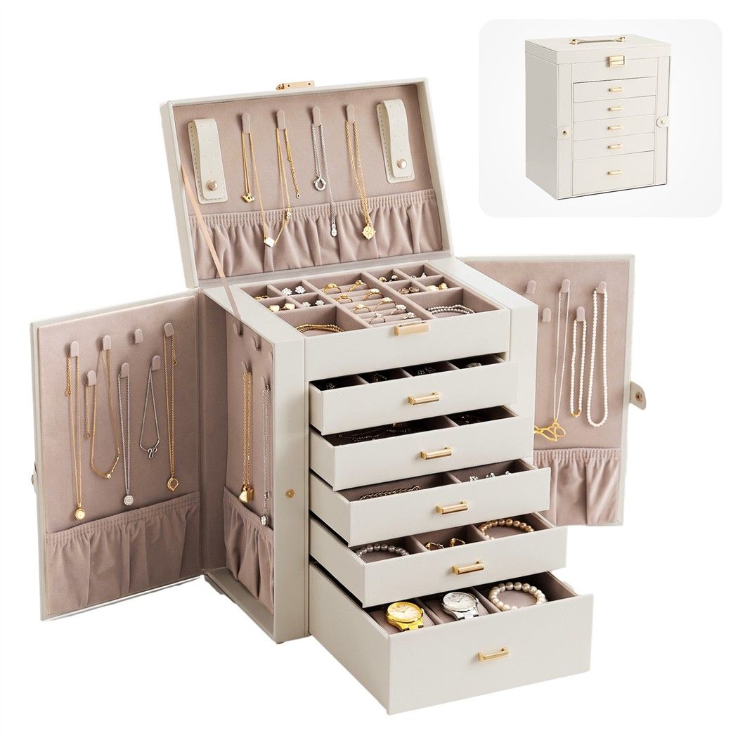 Large white 6-tier jewellery box with side doors open