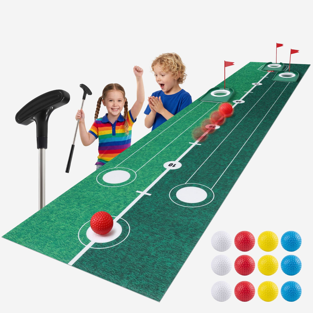 Kids mini golf putting mat with putter and colourful balls