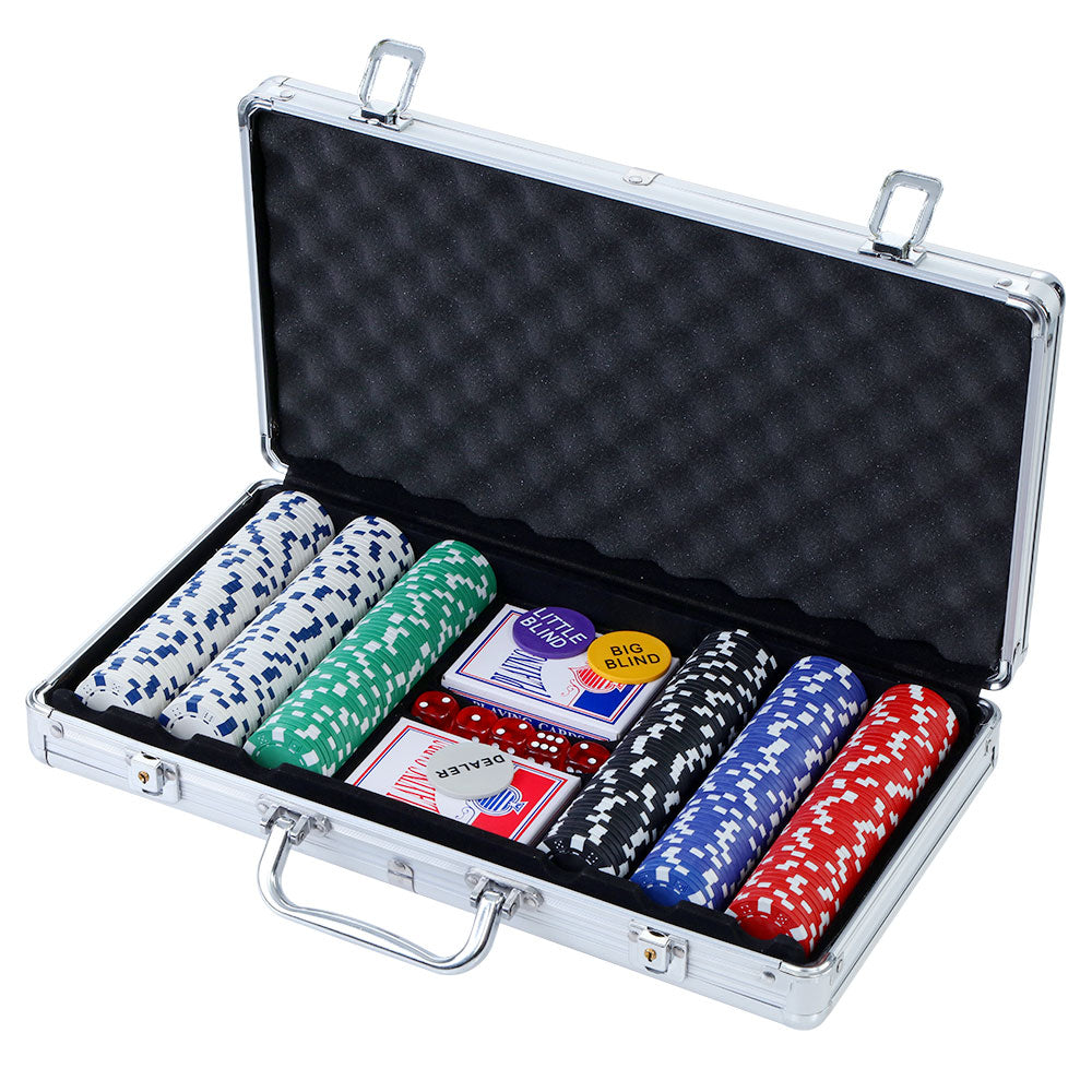 300-piece poker chip set with cards and dice in an open aluminium case