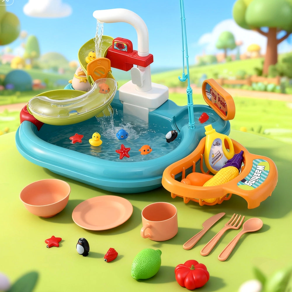 Green kids pretend play kitchen sink with tap and play food