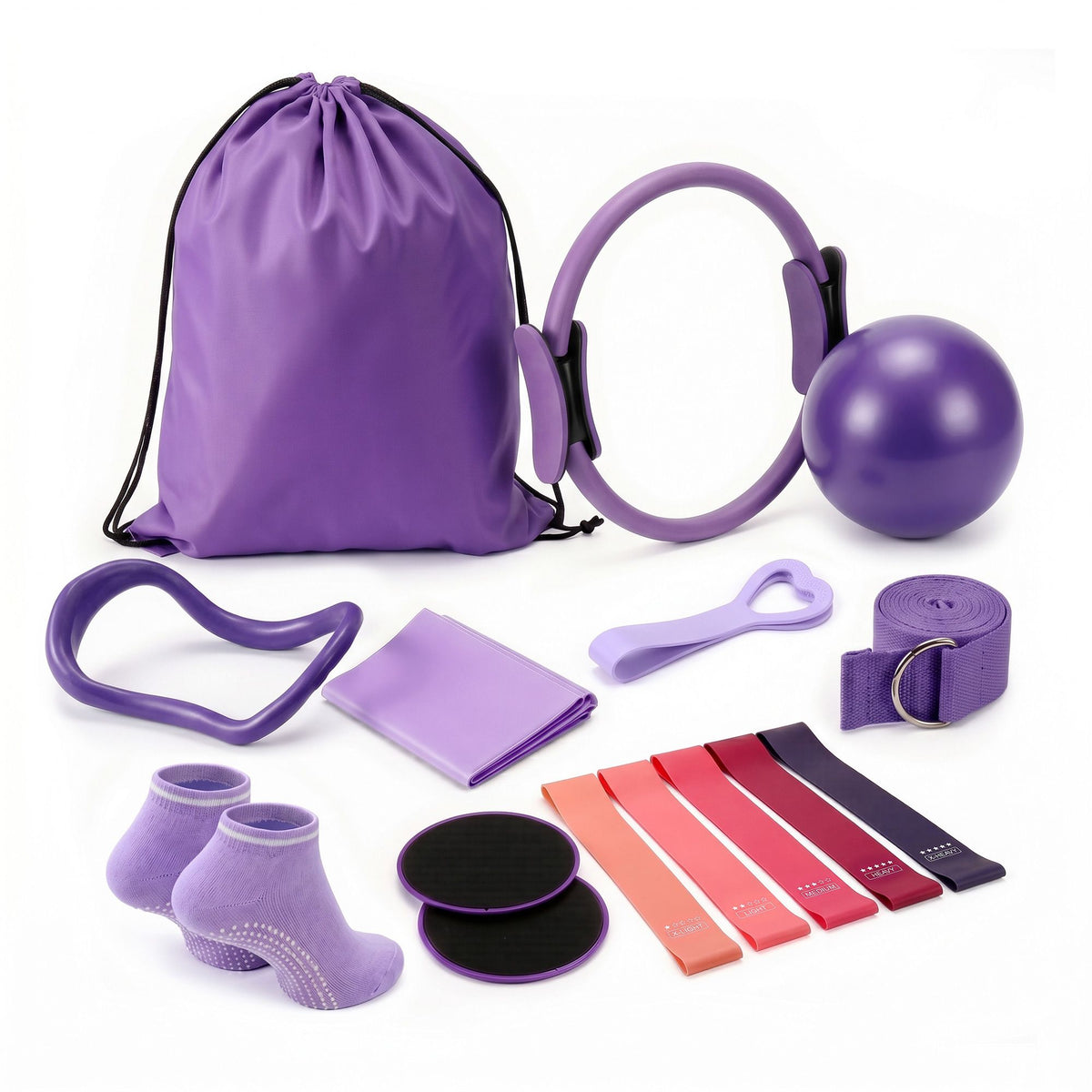 Purple 15-piece Pilates kit with ring, ball and bands