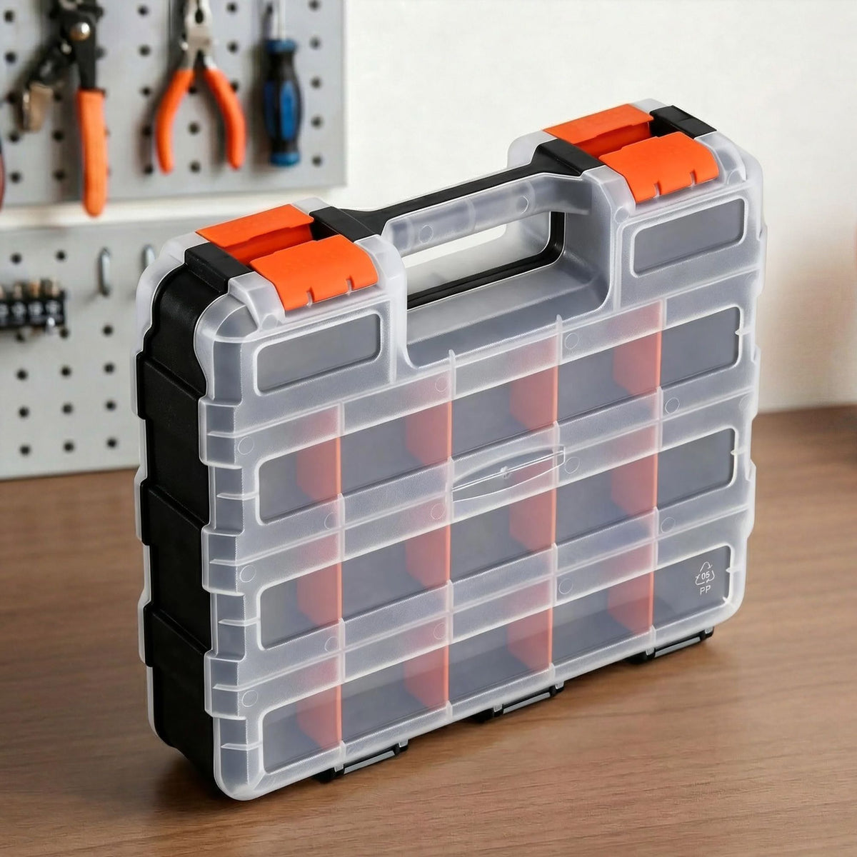 Hardware organiser box and portable charcoal grill gift set – Double-Sided Hardware Organiser Box – 34 Compartments