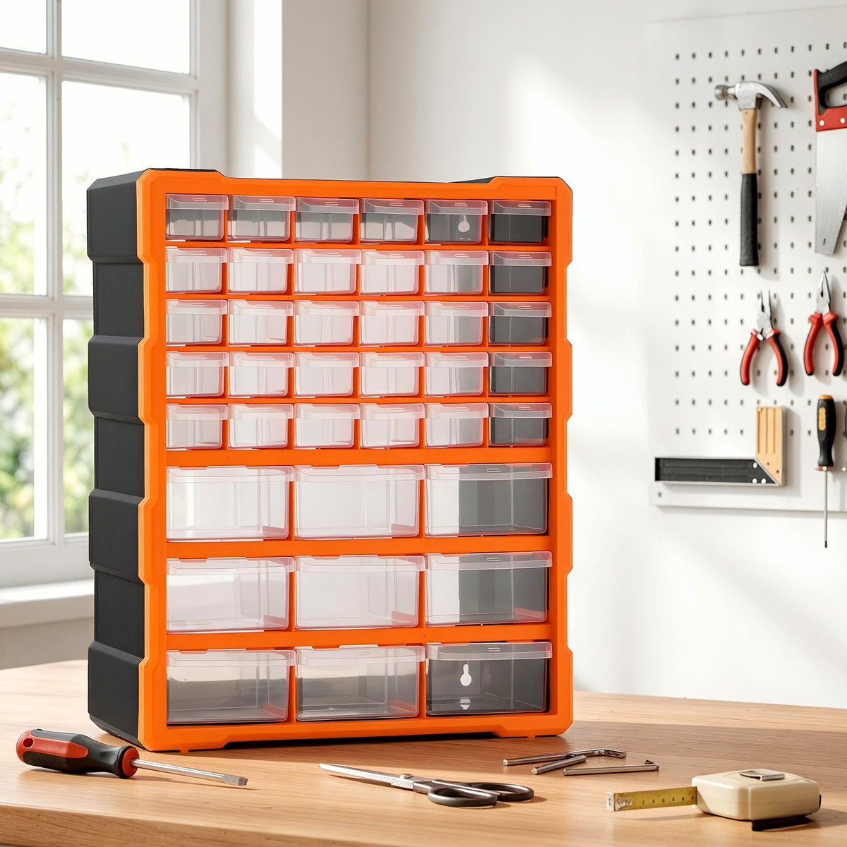 Black 39-drawer parts cabinet with clear drawers