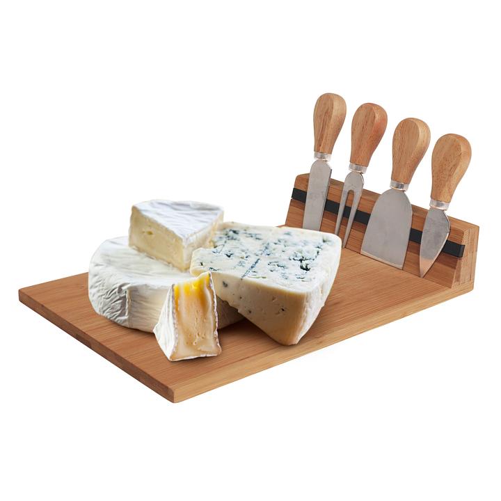 Bamboo cheese board with four cheese knives on magnetic strip