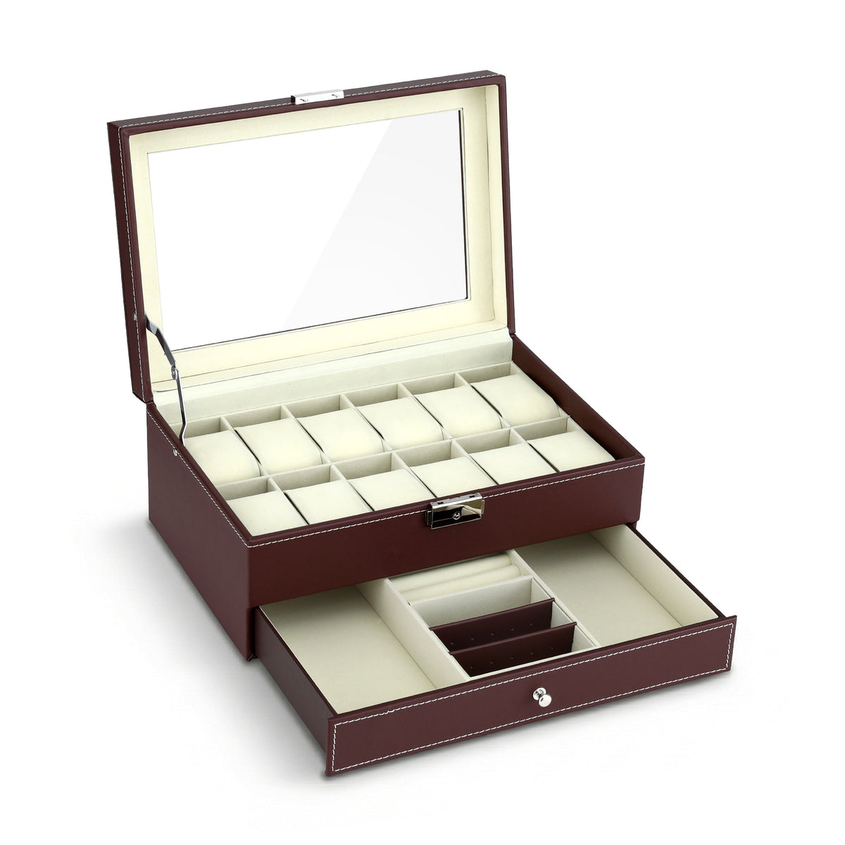Brown 12-slot watch box with clear lid and pull-out jewellery drawer