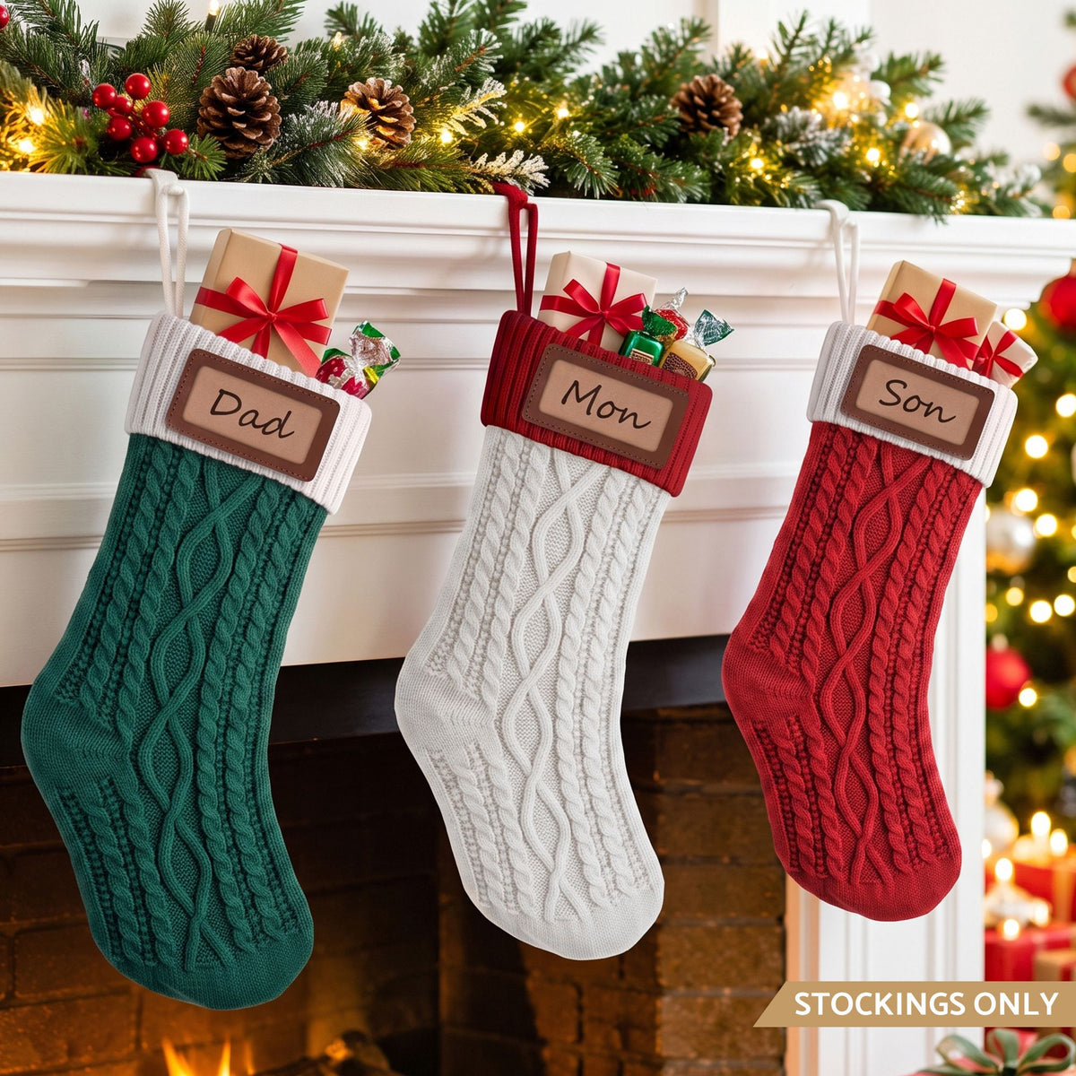 Three knitted Christmas stockings with name patches