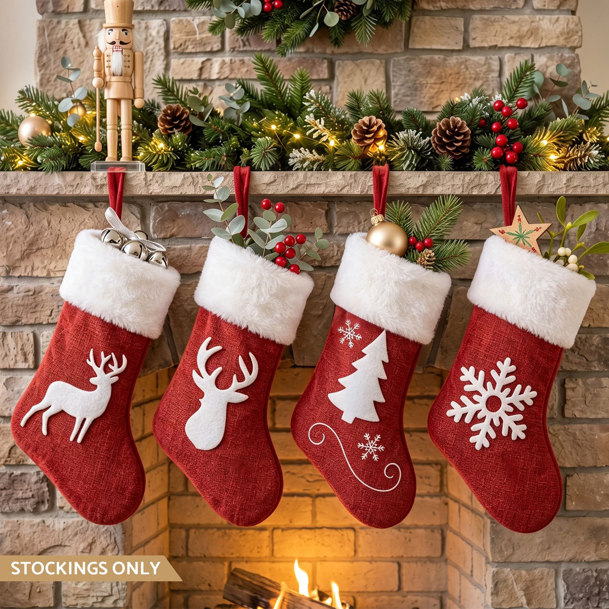 Four red and white velvet Christmas stockings