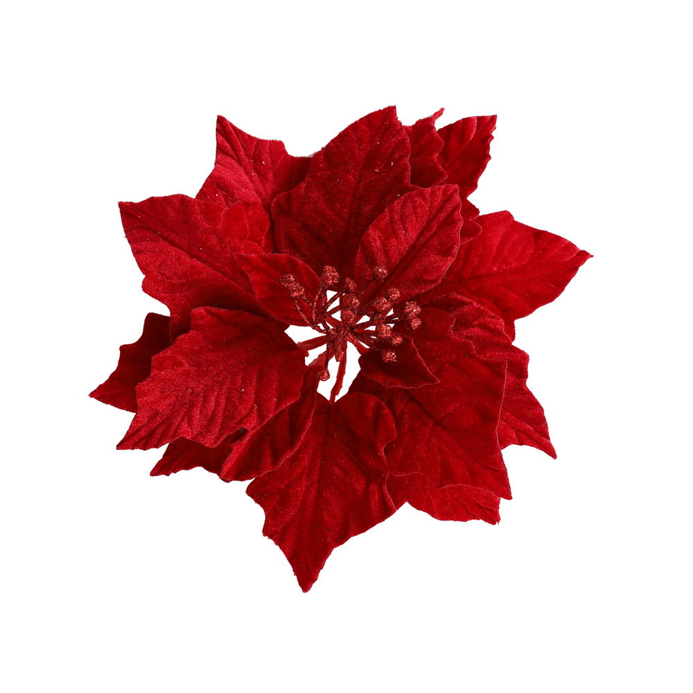 Red artificial poinsettia flowers on a Christmas tree