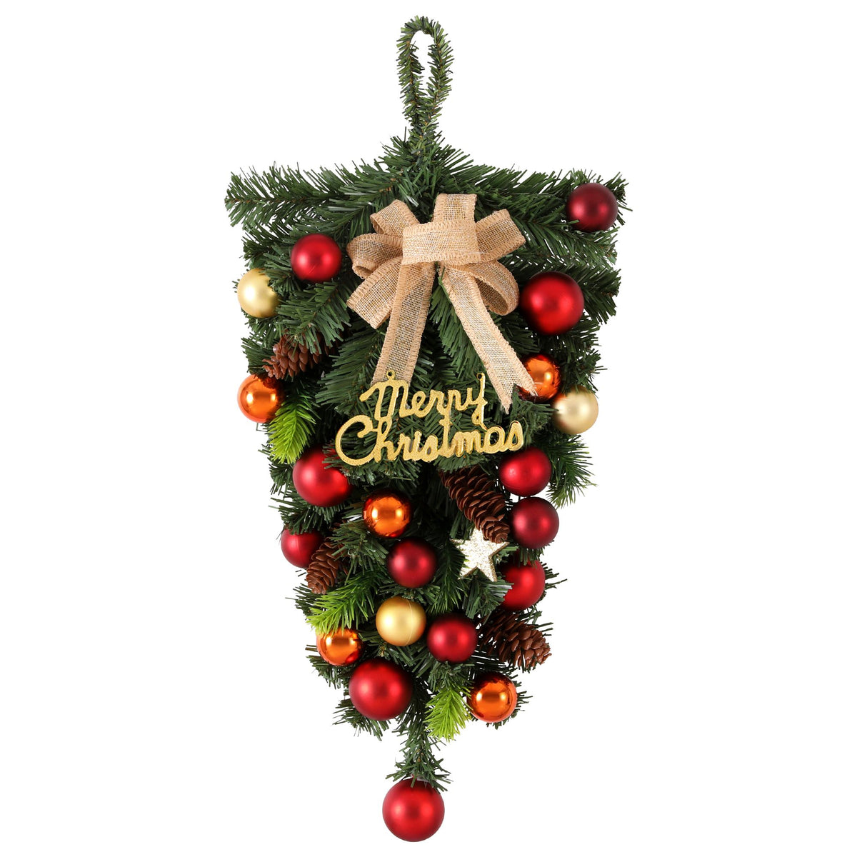 Teardrop Christmas door swag with pine cones and burlap bow