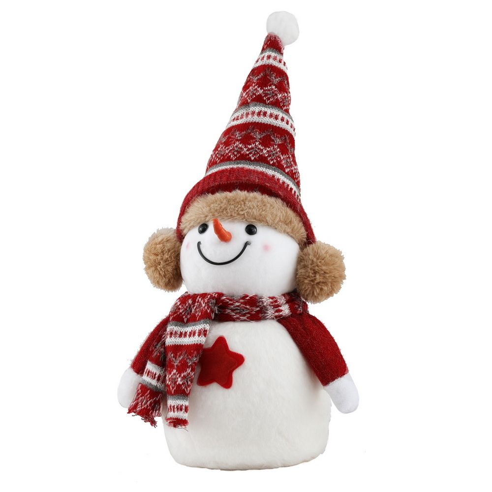 Plush white Christmas snowman with red scarf and top hat