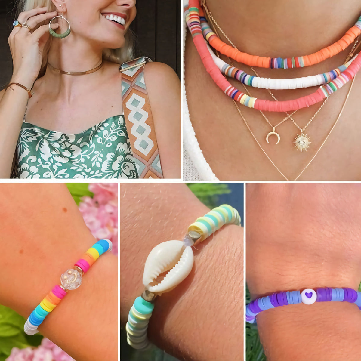 Clay bead bracelet making kit: colourful heishi bead bracelets and necklaces being worn
