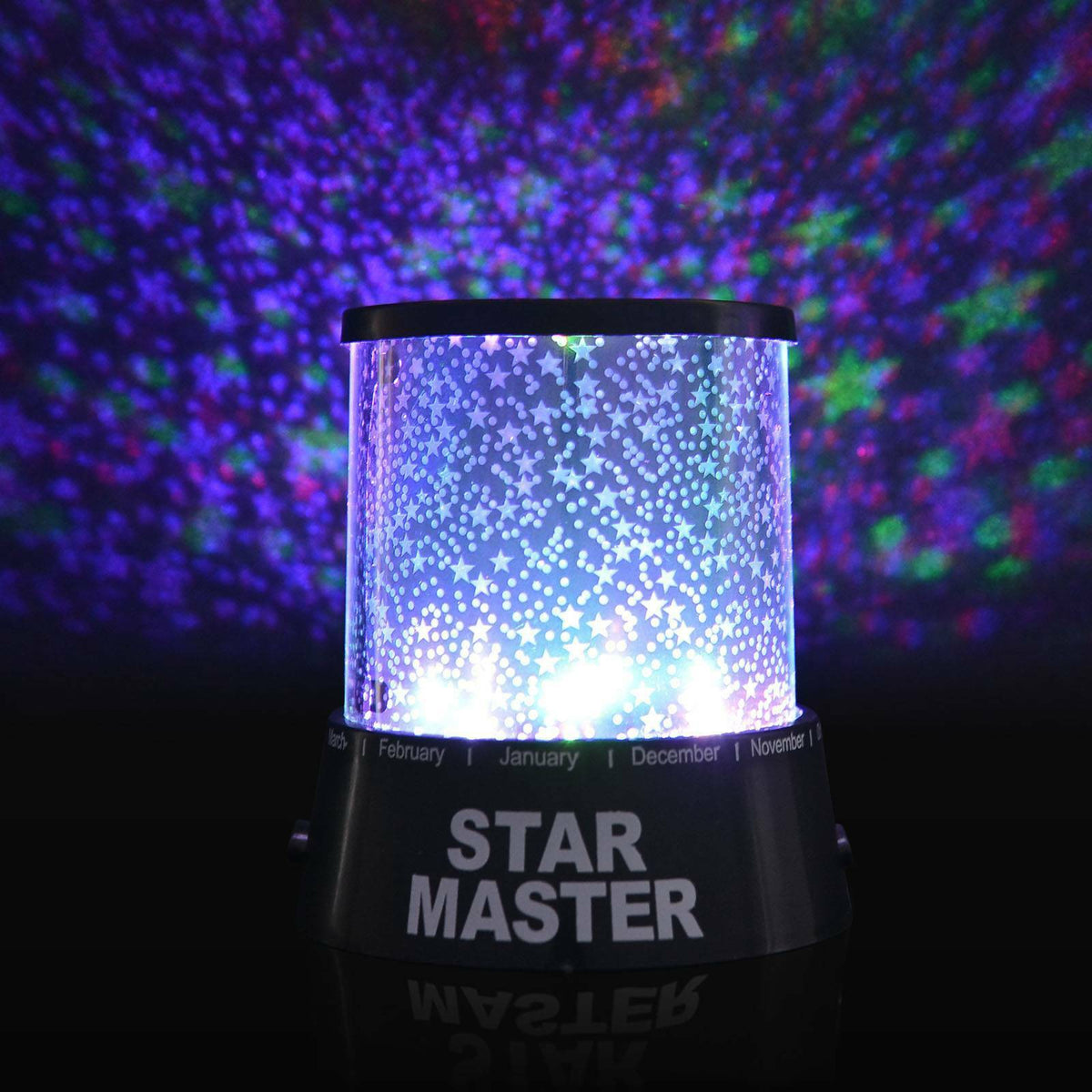 Starry Night Pamper: star projector glowing in a dark room