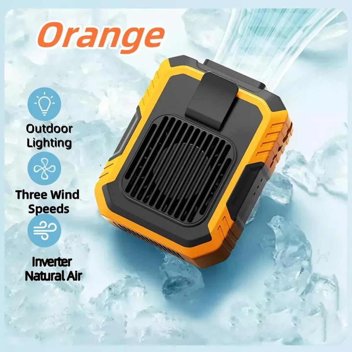 Portable waist fan in orange with LED light, three wind speeds and clip