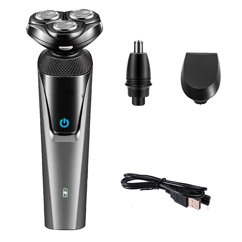 Groomed & Packed: rotary shaver with trimmer heads and USB cable
