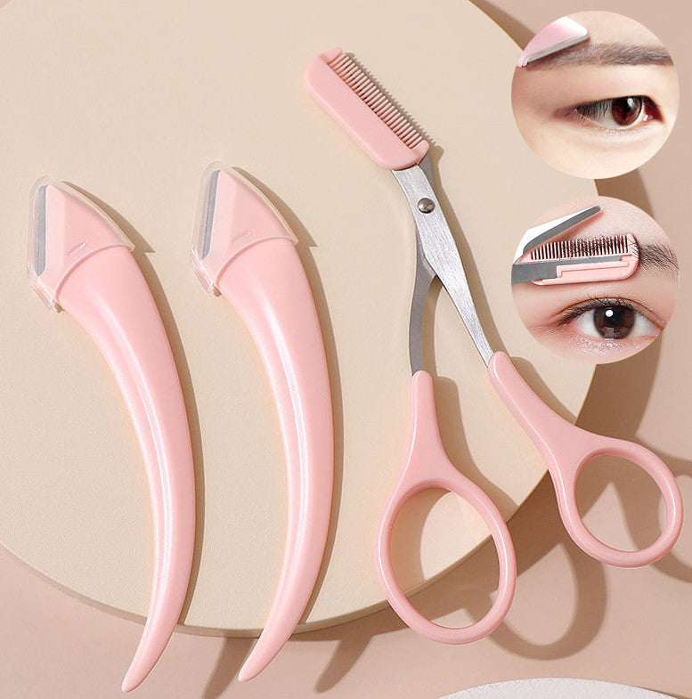 Pink eyebrow grooming tool set on a beige background