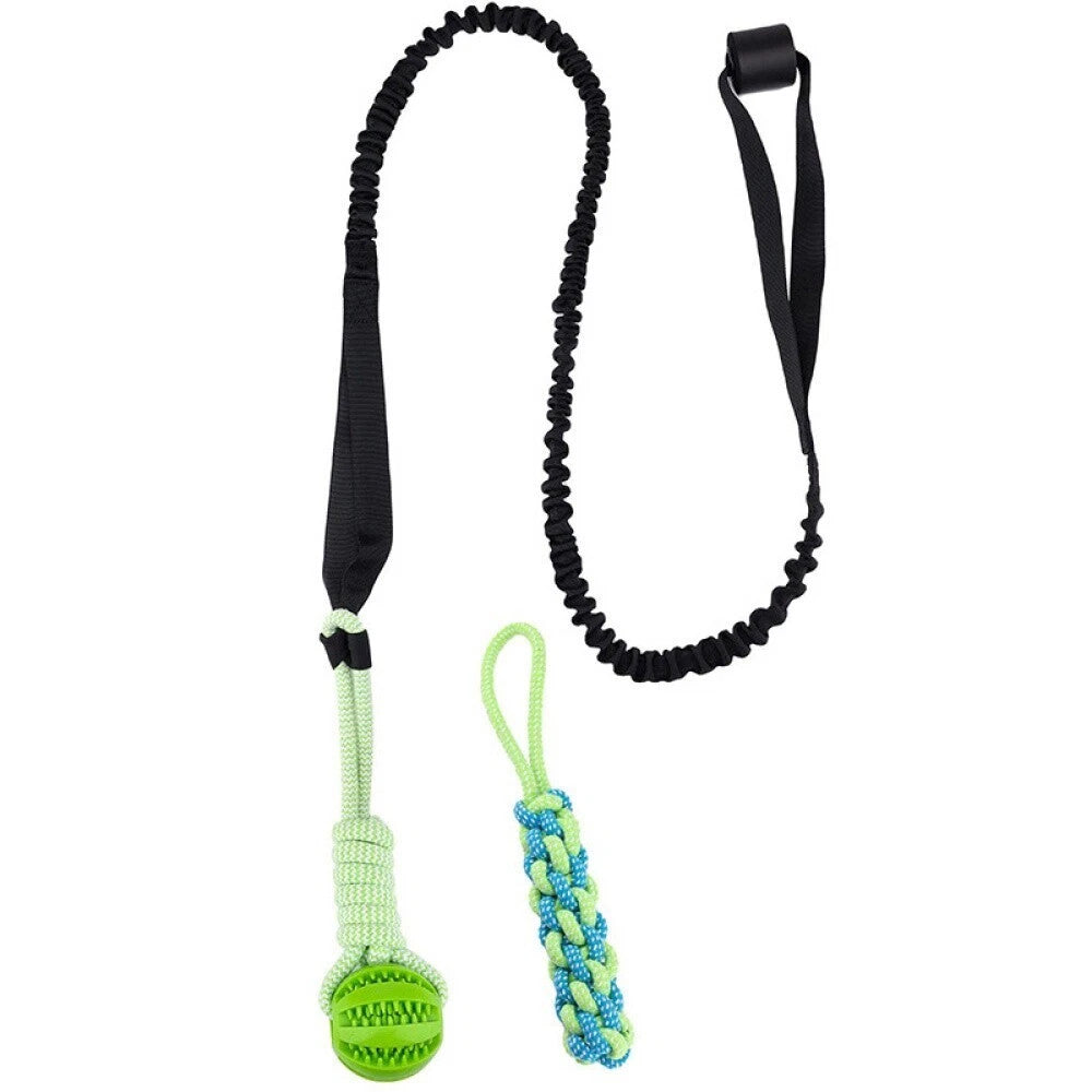 Dog bungee tug toy with hanging strap, rope ball and chew rope