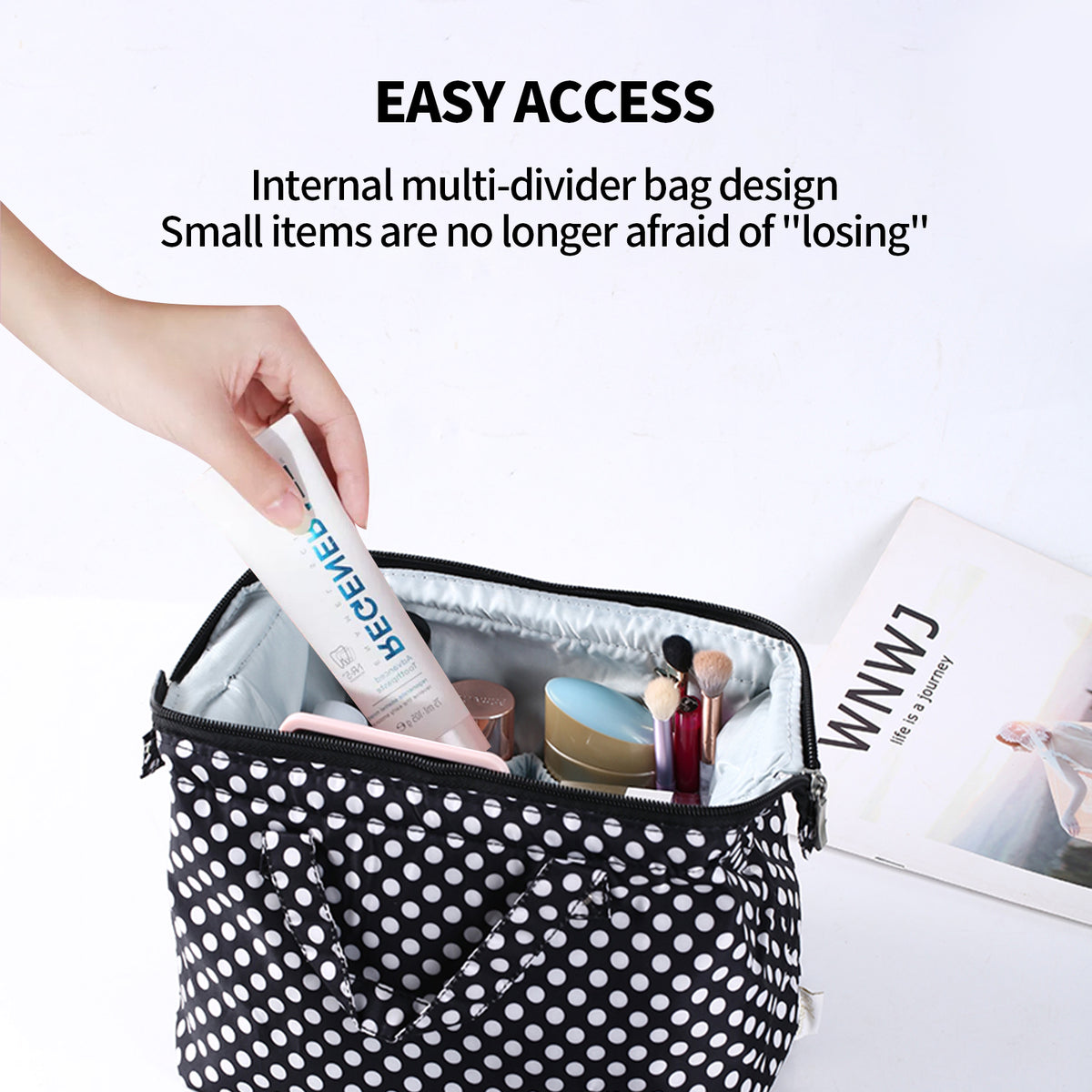 Travel Toiletry & Makeup Bag Set with Pouch – Black & White Spot