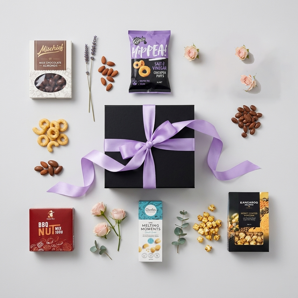 Mini Australian Gourmet Snack Hamper flat-lay: black gift box with purple ribbon, Salted Acre BBQ nut mix, Hippeas chickpea puffs, Mischief scorched almonds, melting moments and Kangaroo Island honey popcorn