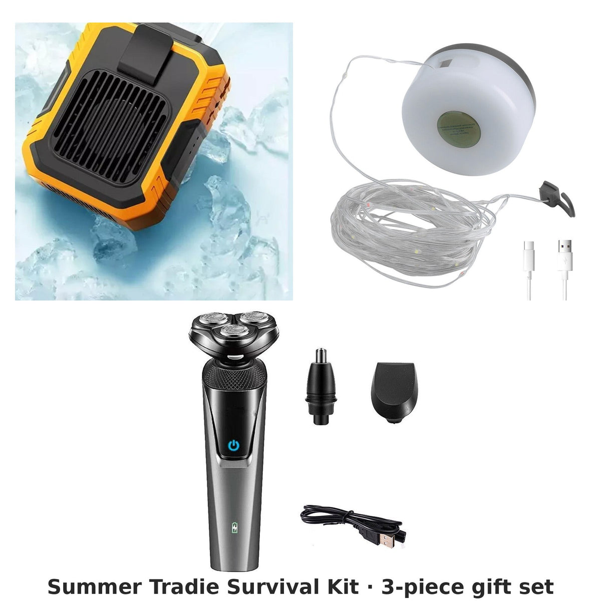 Summer Tradie Survival Kit gift set: clip-on waist fan, 3-in-1 rotary shaver and camping lantern string lights